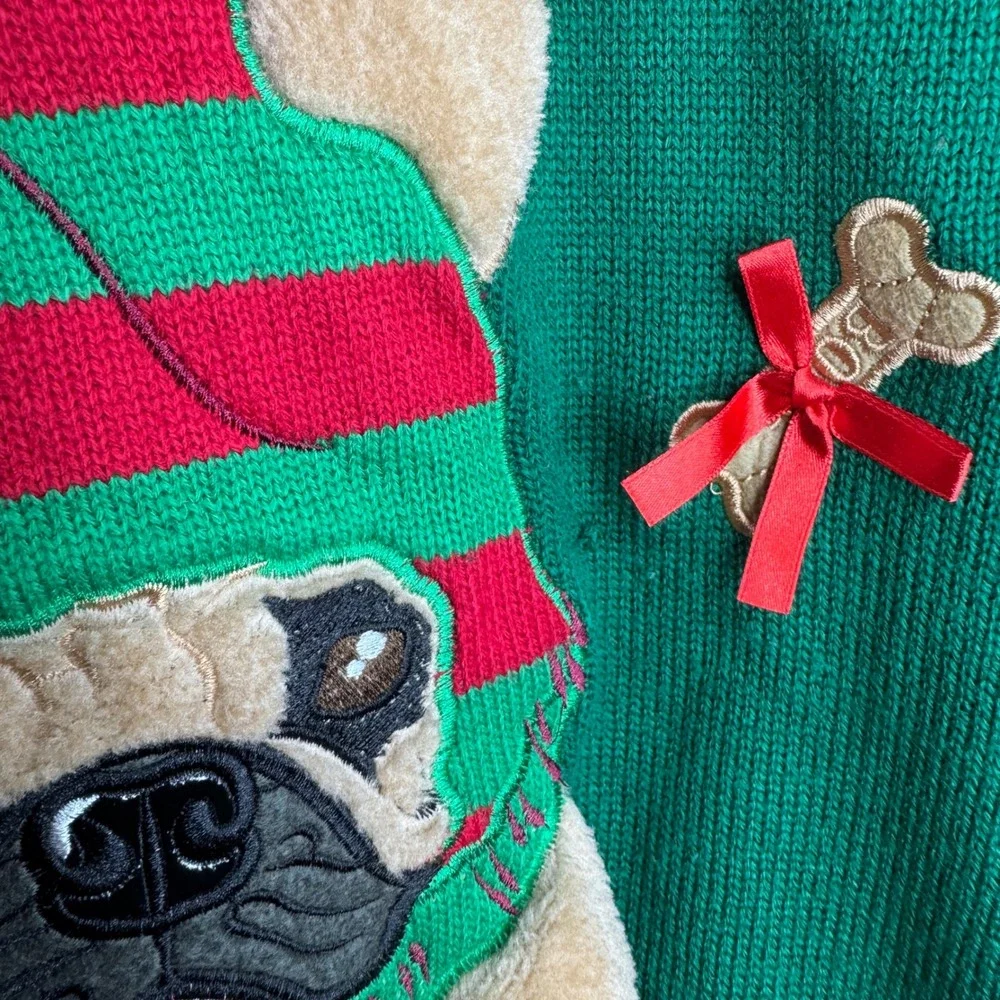 3D Pug Ugly Christmas Sweater Green Red Striped Plush Large